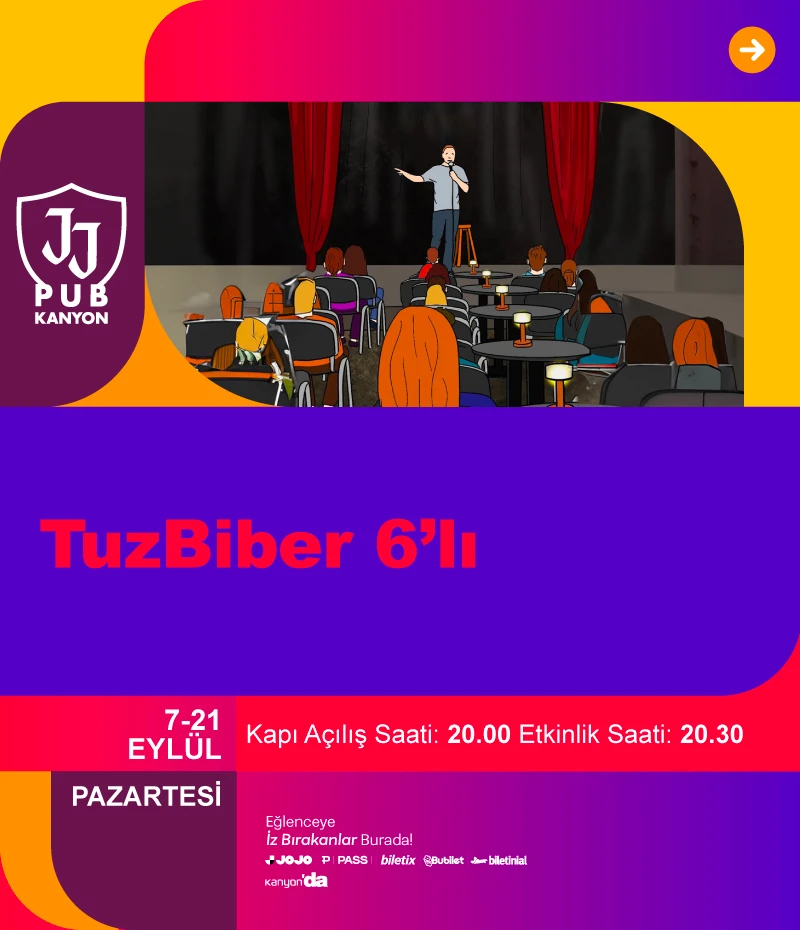 TuzBiber’in en iyi komedyenlerinin 15’er dakika sahne aldığı TuzBiber Pazartesi JJ Pub Kanyon’da